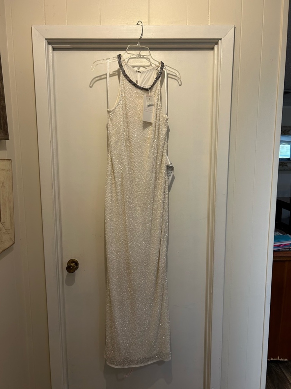 Mac Duggal Ivory Beaded Halter Maxi Gown